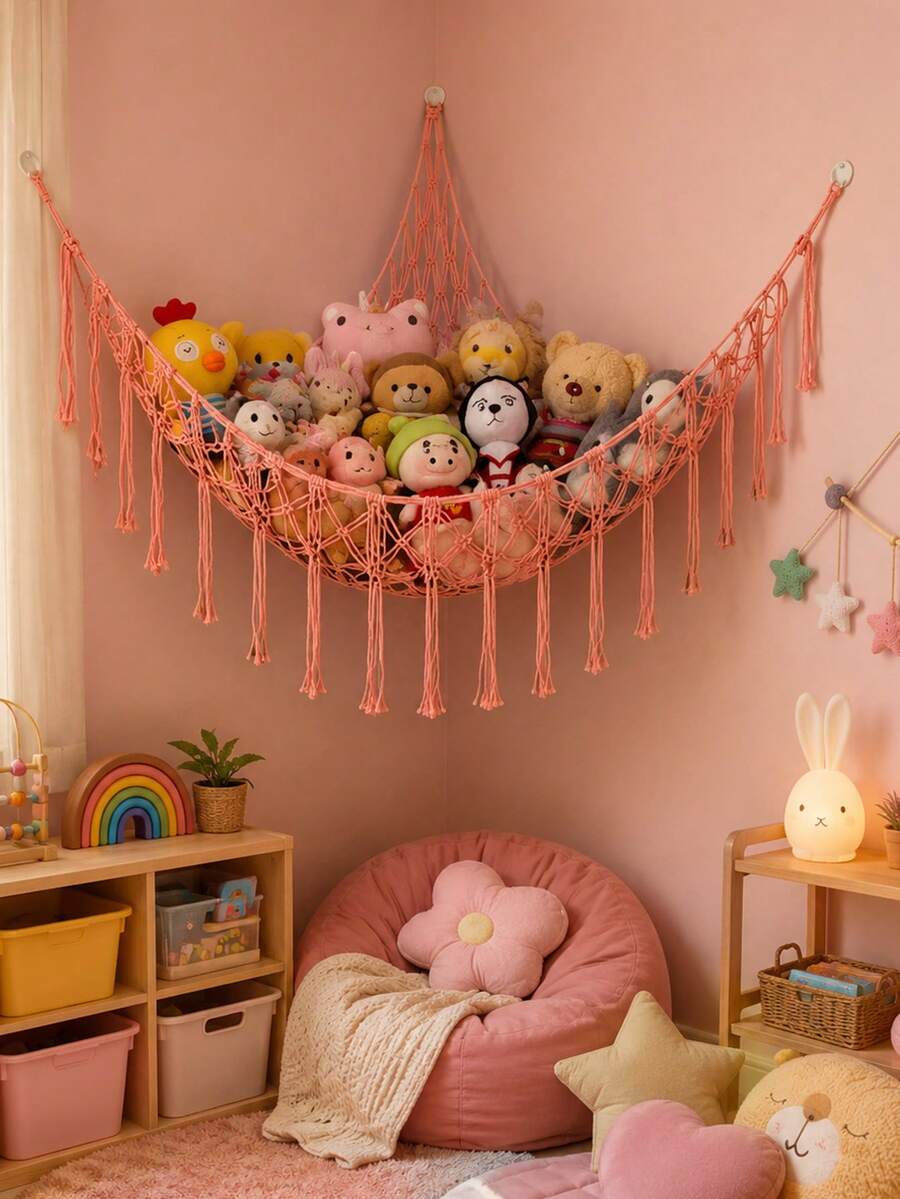 1 chiếc lưới treo góc lưu trữ kiểu võng, giá lưới lưu trữ góc phong cách Bohemian, trang trí phòng màu hồng, phù hợp cho phòng bé gái, trang trí phòng em bé