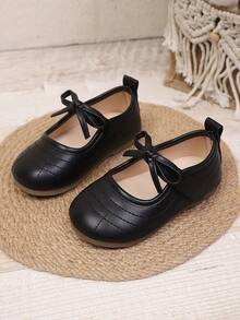 1 Pair Girls Bow Knot Hook & Loop Comfortable Soft Sole Minimalist Fashion Flat Shoes Suitable For Spring And Autumn - Black - View 2