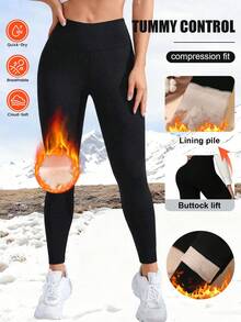 1pc Women's High Waist Thermal Lined Leggings - Thick Warm Stretchy Thermal Pants, Suitable For Outdoor Wear, Opaque Solid Color Fabric Elongates Leg Lines, Thick And Warm, Soft Lining, Stretchy Material, Ideal Choice For Cold Weather Enthusiasts.,Winter Black Sports - Black - View 1