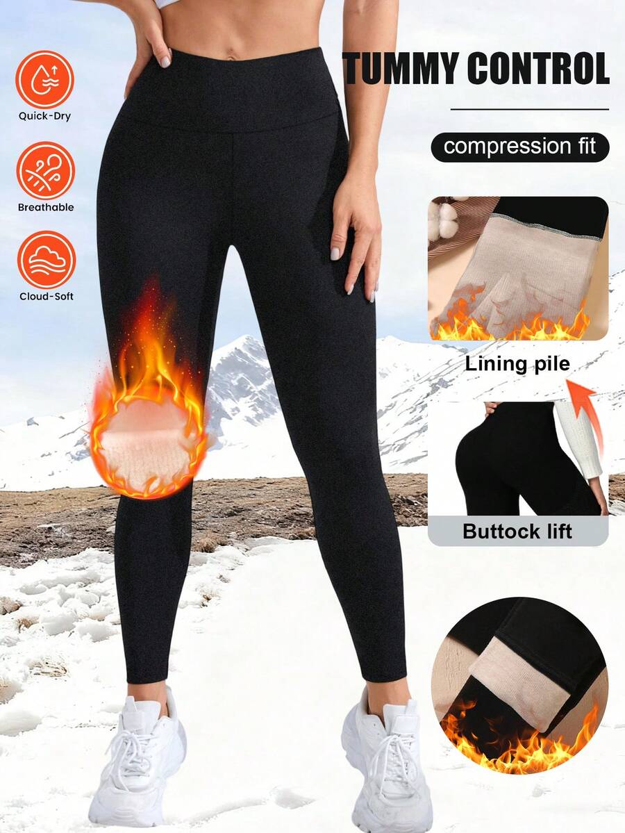 1pc Women's High Waist Thermal Lined Leggings - Thick Warm Stretchy Thermal Pants, Suitable For Outdoor Wear, Opaque Solid Color Fabric Elongates Leg Lines, Thick And Warm, Soft Lining, Stretchy Material, Ideal Choice For Cold Weather Enthusiasts.,Winter Black Sports - Black - View 1