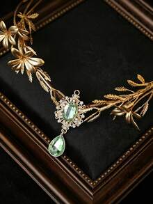 KOVLYNE 1pc Vintage Gold Floral Bridal Headband, Greek Goddess Leaf Crown With Green Crystal Pendant, Adjustable Hair Accessory, Suitable For Weddings, Festivals And Renaissance Costumes - Gold - View 4
