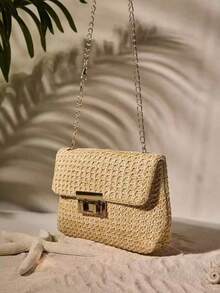 Tropiscape Fashionable Solid Color Gold Woven Crossbody Bag, Suitable For Women's Daily Use - Khaki - View 4