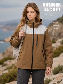 Minimalist Colorblock Zip-Up Hoodie Jacket For Women's Daily Wear - Green - View 1