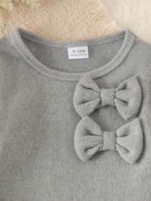 2pcs Baby Girl Soft Feminine Style 3D Brushed Bow Decor Ruffle Hem Round Neck Long Sleeve Top & Matching Color Flared Long Pants Set, Suitable For Spring/Autumn Home Wear - Grey - View 3