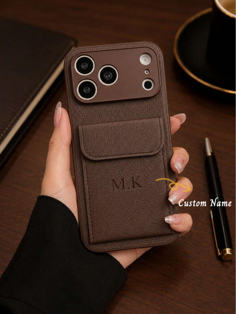 個性化奢華荔枝紋字母壓花翻蓋卡夾,適用於 Apple 17 16 15 14 13 12 11 Pro Max 14 15 16 Plus 17 Air,燙金字母全包保護殼,時尚手機配件 DIY 禮物 - 巧克力棕 - 查看 1