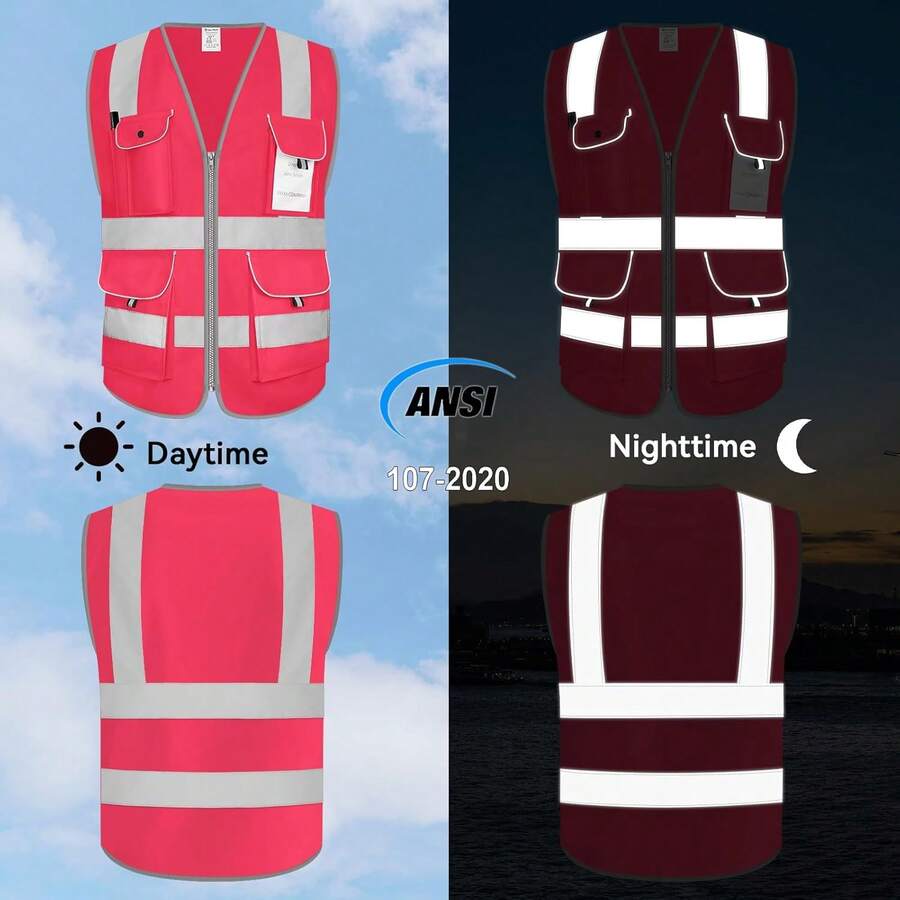 8 Pockets High Visibility Black Reflective Vest, Full Zip Heavy-Duty Safety Vest For Men & Women, Complies With ANSI/ISEA Safety Standards, Size Medium - Pink-01 - View 1