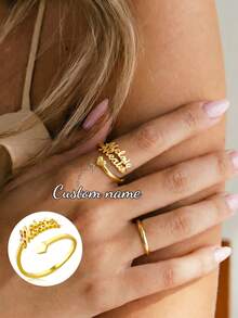 Anillo con nombre personalizado, joyería personalizada, anillo ajustable de acero inoxidable dorado/plateado, regalo de pareja - Anillo de oro 2 - Ver 1