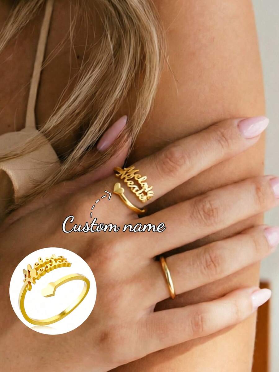 Anillo con nombre personalizado, joyería personalizada, anillo ajustable de acero inoxidable dorado/plateado, regalo de pareja - Anillo de oro 2 - Ver 1