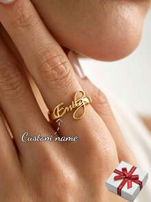 1 pieza Anillo de acero inoxidable con nombre personalizado, anillo con nombre personalizado, color dorado de moda, regalo de joyería popular para familiares y amigos - Dorado - Ver 1