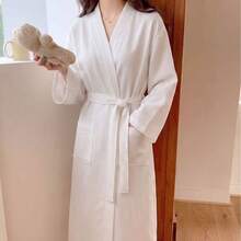 Women's Summer Morning Robe, 100% Pure Cotton, Casual Loungewear, Loose And Comfortable, With Pockets And Waist Tie, Comfortable Set, Suitable For Summer, Autumn And Winter - White - View 4