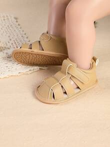 1 Pair Boys Solid Color Hollow Out Hook & Loop Flat Design Casual Versatile Sandals Suitable For Summer - Apricot - View 4