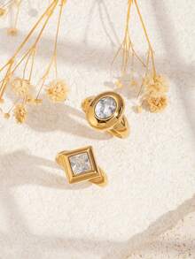 2pcs Stainless Steel Fashion Minimalist Gold-Colored Ring Set, Inlaid With White Diamonds, Multiple Finger Sizes Available, Suitable For Women's Daily Wear Or Gift Giving - Yellow Gold - View 3