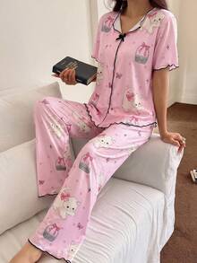 女款V領卡通印花睡衣套裝，收口短袖上衣與收口長褲，可愛居家服套裝，休閒時尚睡衣套裝 - 彩色 - 查看 1