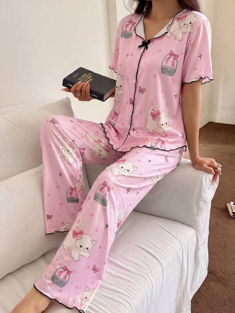 女款V領卡通印花睡衣套裝,收口短袖上衣與收口長褲,可愛居家服套裝,休閒時尚睡衣套裝 - 彩色 - 查看 1