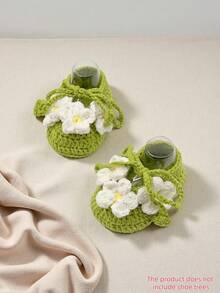 1 Pair Handmade Crochet Infant Booties, Green With White Daisy Flowers, Yellow Centers, Soft Knit Shoes - Green - View 8