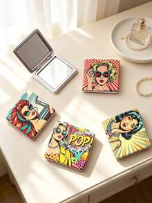 1PC European Cartoon Series Portable Vanity Mirror, Foldable Lightweight Ultra-Thin Convenient Hand Mirror, Durable PU Leather, Suitable For Multiple Scenarios And All People, Foldable Small Square Mirror For Carrying - Multicolor - View 1