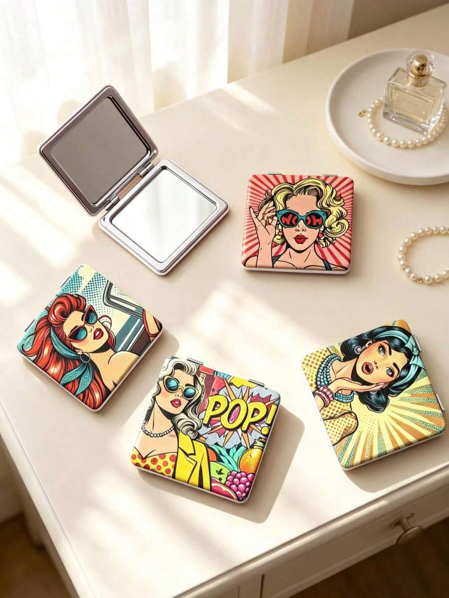 1PC European Cartoon Series Portable Vanity Mirror, Foldable Lightweight Ultra-Thin Convenient Hand Mirror, Durable PU Leather, Suitable For Multiple Scenarios And All People, Foldable Small Square Mirror For Carrying - Multicolor - View 1