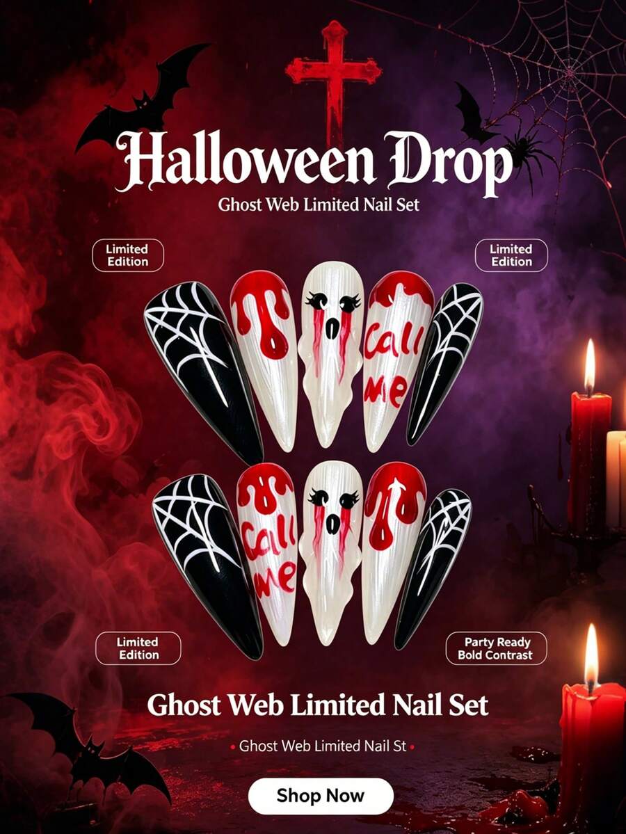 1package/10pcs-Statement Halloween Nails Edgy "Call Me" Ghost High Impact Visual | Trending Fall Festival Long Stiletto Nails For Party Queens - Red and White - View 1