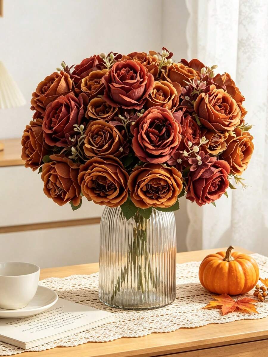 1/3pcs Artificial Peony Silk Ball Bouquet Artificial Rose Fake Flowers, Suitable For Spring/Autumn Decoration, Wedding, Home, Restaurant, Kitchen, Back To School Season, Outdoor Decoration, Autumn Decoration - Orange - View 1