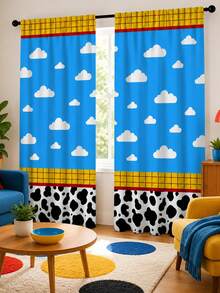 2pcs Color Block Cow & Cloud Rod Pocket Curtains, Polyester Fabric, American Style Patchwork Print, Fashion Living Room Bedroom Home Fabric Curtains - Multicolor - View 7
