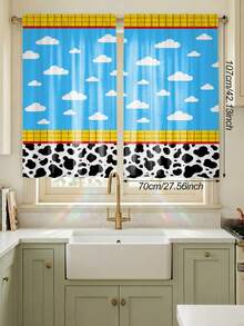 2pcs Color Block Cow & Cloud Rod Pocket Curtains, Polyester Fabric, American Style Patchwork Print, Fashion Living Room Bedroom Home Fabric Curtains - Multicolor - View 15