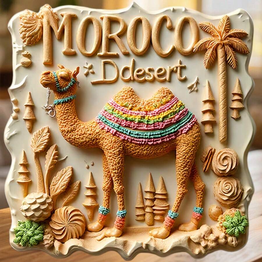 Moroccan Desert Camel Caravan Palm Trees And Cacti Under Sahara Sunlight Magnet, Sand Dunes Whispering Ancient Legends To The Wind, Suitable For All Metal Surfaces In Your Home - A - View 1