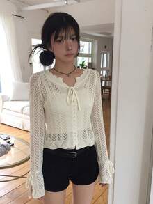 鏤空設計時尚薄款短版外套，女款夏季百搭短版上衣 - 杏色 - 查看 6