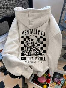 1pc Unisex Skull Slogan Checkerboard Print Comfortable Pullover Sweatshirt, Y2K Grunge Streetwear Sweatshirt Fall - Dark Gray - View 2