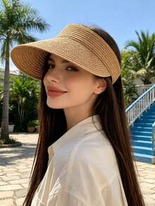 1件中性夏季防曬草帽，寬邊海灘遮陽帽，旅行海灘帽，巴拿馬圓頂帽 - 彩色 - 查看 3