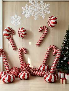 17pcs/Set Balon Permen Tongkat Natal Merah, Kepingan Salju, dan Bola Dekorasi Natal Balon Natal Perlengkapan Foto Liburan - Natal - View 3