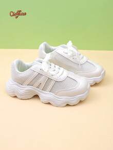1 par de zapatillas deportivas infantiles de color blanco crema sólido, con malla transpirable y patchwork de PU, punta redonda anticolisión, cordones blancos puros, suela gruesa ondulada, estilo minimalista fresco y deportivo, adecuadas para primavera/verano, ir a la escuela, correr al aire libre, salidas diarias, zapatillas blancas casuales ligeras - Blanco - Ver 4