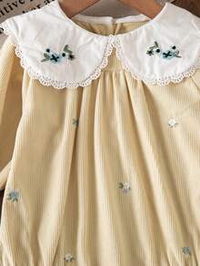 Baby Girl Floral Embroidered Peter Pan Collar Long Sleeve Bodysuit - Beige - View 7