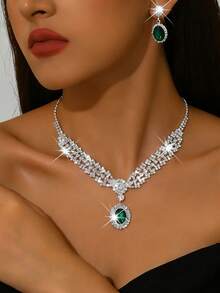 1 Set Luxury Evening Jewelry Set (Necklace + Earrings + Bracelet), Eye-Catching Glamorous Design, Corporate Annual Meeting, Graduation Ball, Christmas, Bridal Gift - Green - View 3