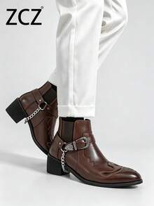 ZCZ Men's Chelsea Boots High-Top Leather Shoes Pointed Toe Fashion Leather Boots Thick Sole Chain Buckle Boots Chelsea Boots - Brown - View 11