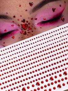 Red Large & Small 3D Heart-Shaped Glitter Face Gems, Y2K Self-Adhesive Rhinestones, DIY Concert Disco Party Shiny Face Decoration - Red - View 1