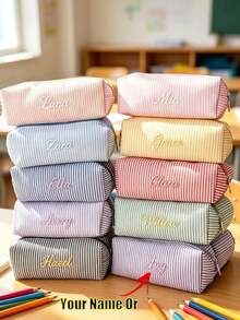 1pc Personalized Embroidered Data Cable Storage Bag, Teacher's Day & Back To School Customized Pencil Case: Striped Cotton Fabric Name Embroidered Pencil Bag, Meaningful Teacher Appreciation Gift, Personalized Makeup Bag, Toiletry Bag - Multicolor - View 1