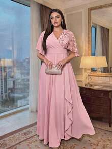 SHEIN Lady CURVE Elegant Plus A Line Bridesmaid Formal Dress V Neck Floral Patchwork Ruffle Belted Long Evening Gown Autumn Gym Fall Formal Wedding Dusty Pink - Pink - View 3