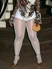 1 Pair Plus Size White Shiny High Stretch Tights Sexy Fashionable Cute Style For Daily Spring Fall Halloween Commute - Multicolor - View 2