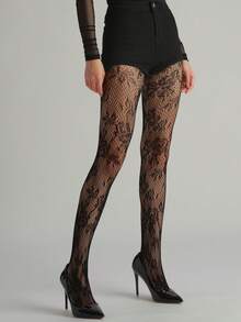 2/1 pieza Leggings de mujer de jacquard hueco de red de pescado, medias elásticas de malla negra de talla grande, adecuadas para leggings góticos florales de vacaciones, atuendo de vuelta a la escuela - Negro - Ver 7