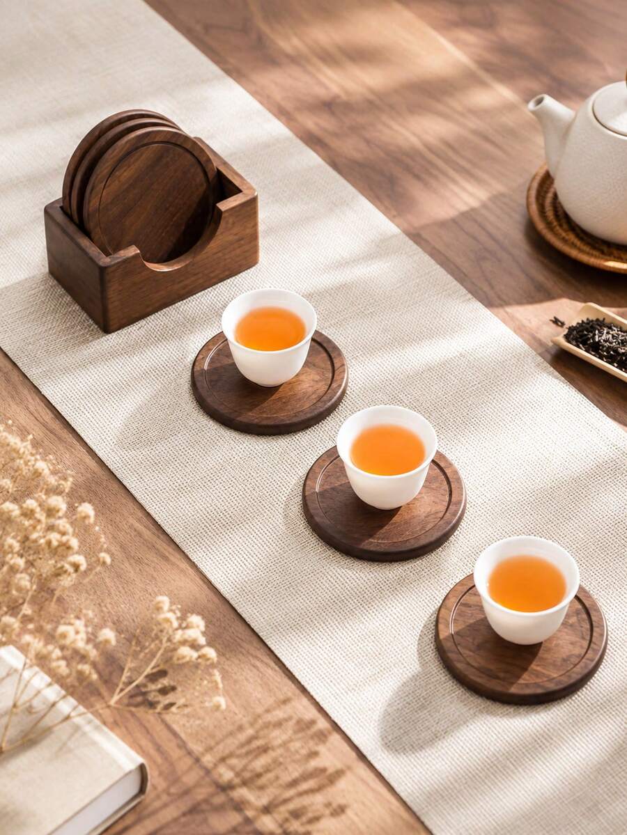 1pc Black Walnut Wood Coaster / 1 Set Coaster Set, Round Wooden Beverage Coasters, Suitable For Coffee Cups, Tea Cups And Glassware, Rustic Minimalist Desktop Decor For Kitchen, Restaurant, Office And Home - walnut color - View 1