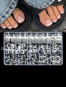 150Pcs Clear Matte French Press On Toenails Short Square Full Cover Fake Toe Nails For Summer Wearable White Edge False Toe Nail - 彩色 - 查看 2