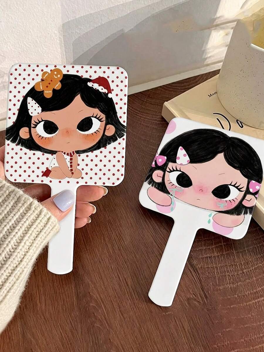 1pc Cute Yuy Korean Style Cartoon Handheld Makeup Mirror, Travel Portable Handheld Mirror Makeup Mirror, Birthday Gift For Family And Female Friends - Multicolor - View 1