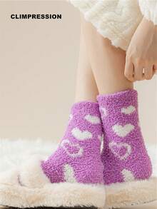 CLIMPRESSION Kaos Kaki Wanita Musim Gugur/Dingin Motif Hati Ungu Bahan Bulu Karang Lembut, Kaos Kaki Tidur Dalam Ruangan yang Lembut, Hangat, dan Nyaman - Violet Purple - View 6
