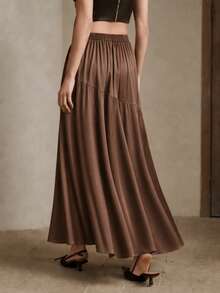 Plus Size Women's Brown Satin Bias Cut Skirt, Luxury Texture Commuter Drape A-Line Long Skirt, Versatile For Spring, Summer, Autumn - Brown - View 2