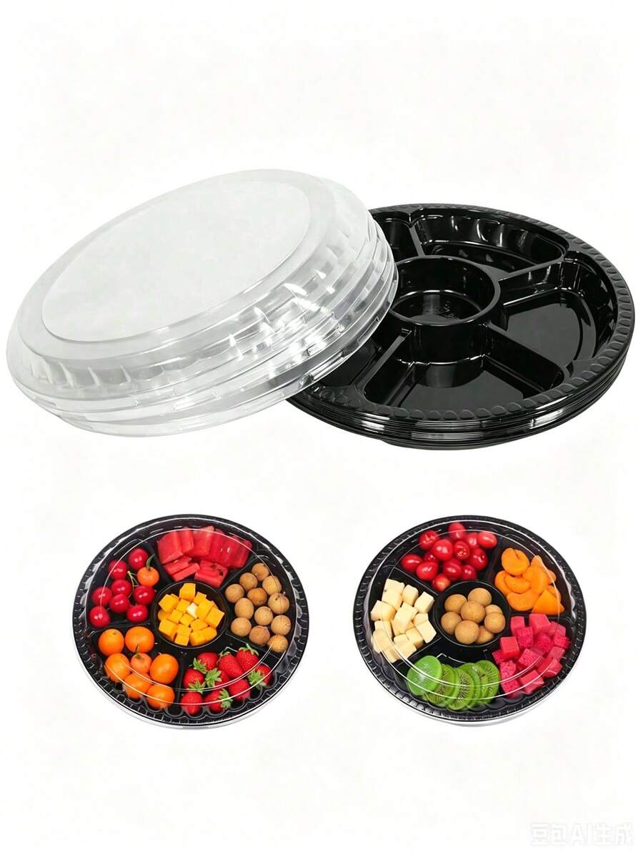 1/2/6/12pcs Round Plastic Snack Trays With Lids - 10.4 Inch Divided Food Storage Trays, Disposable Food Containers, Plastic Tray Storage Boxes, Snack Dispenser, Fruit And Vegetable Platter, Suitable For Parties And Buffets - Multiple Styles - View 1