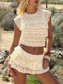 Conjunto de top y falda de punto con encaje jacquard, fruncido y cuello redondo para primavera/verano - Beis - Ver 6