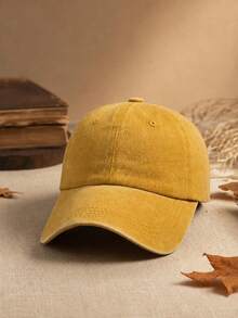 1pc Unisex Solid Color Outdoor Casual Fashion Adjustable Washed Baseball Cap - Yellow - View 1