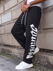 MAISONFOX Men's Letter Print Drawstring Waist Straight Leg Long Casual Pants, Suitable For Outings, Electronic Music Parties, Back To School, Sports, Fitness, Autumn Wear - Black - View 4
