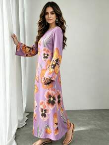 1 buah Gaun Wanita, Motif Geometris Berwarna-warni, Leher Bulat, Lengan Mengembang, Lengan Panjang, Abaya Longgar untuk Musim Gugur - Violet Purple - View 5