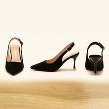 Women's Black Suede Pointed Toe Stiletto Heel Slingback Pumps With Metal Buckle, Elegant High Heels Suitable For Daily, Office, Party, Closed Toe Backless Sandals - Black - View 6